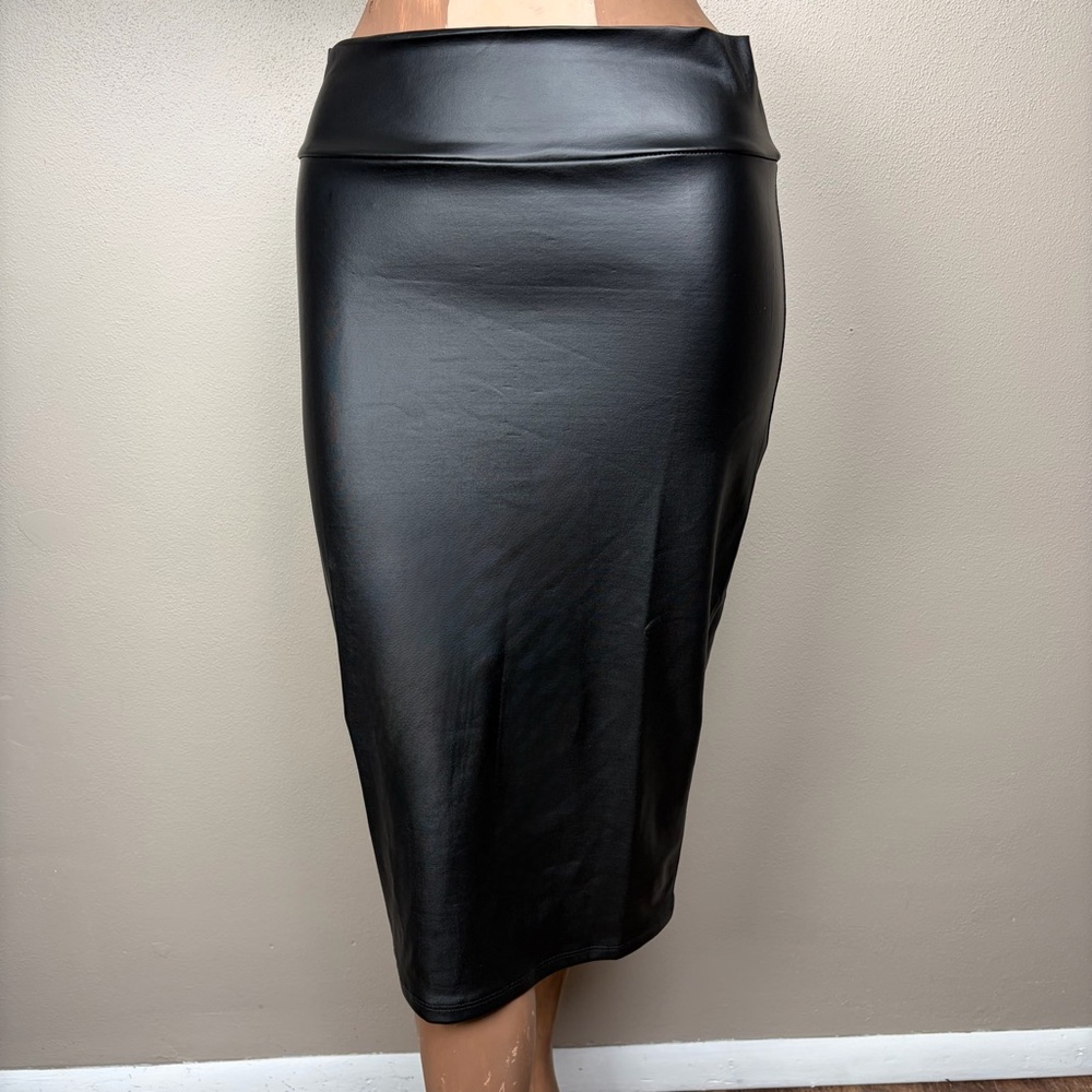 SIMLU Black Faux Leather Midi Pencil Skirt Very Stretchy High Waist Office M EUC - Picture 4 of 15